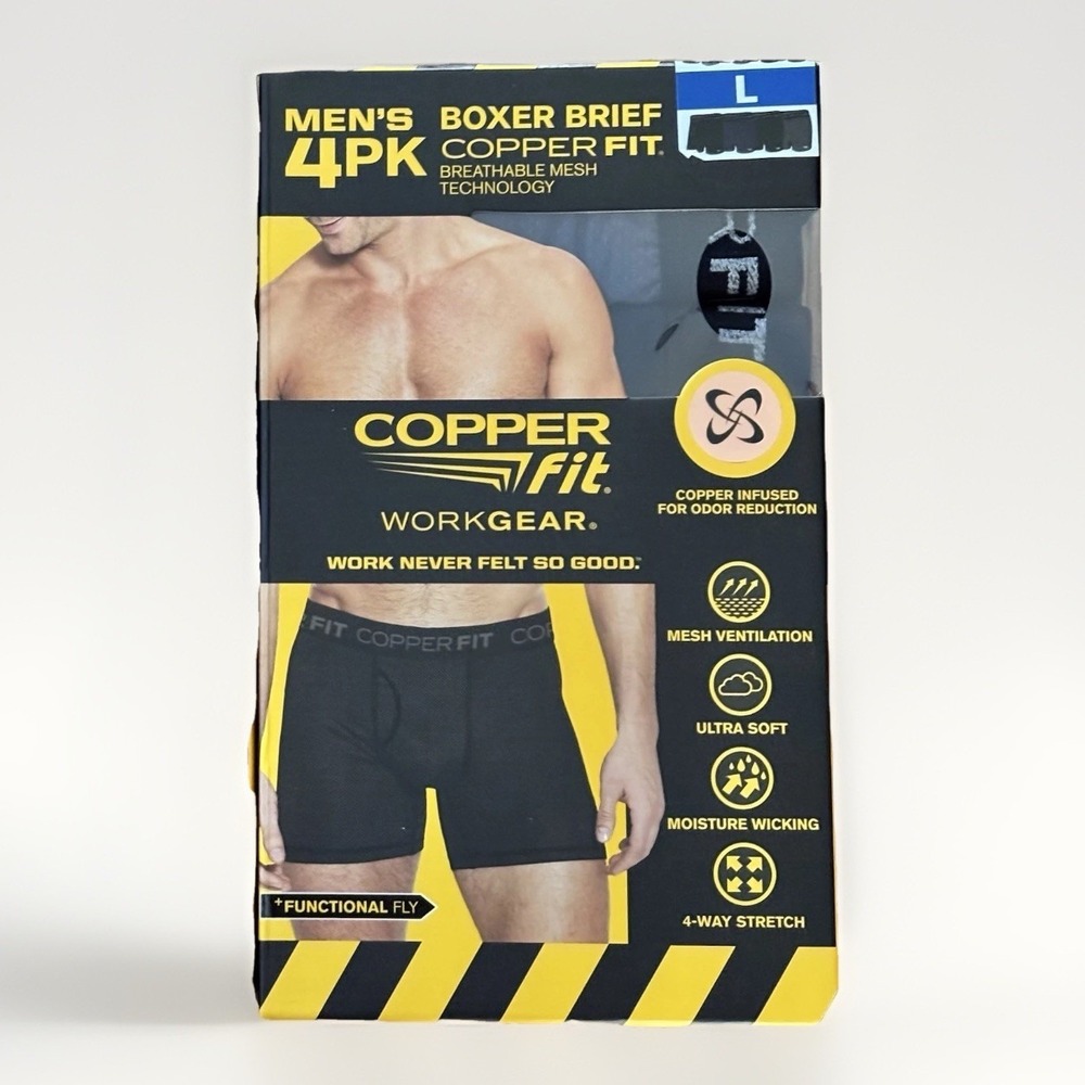 Copper Fit Mens  Large Workgear Performance 4 Pack Boxer Briefs Copper Infused